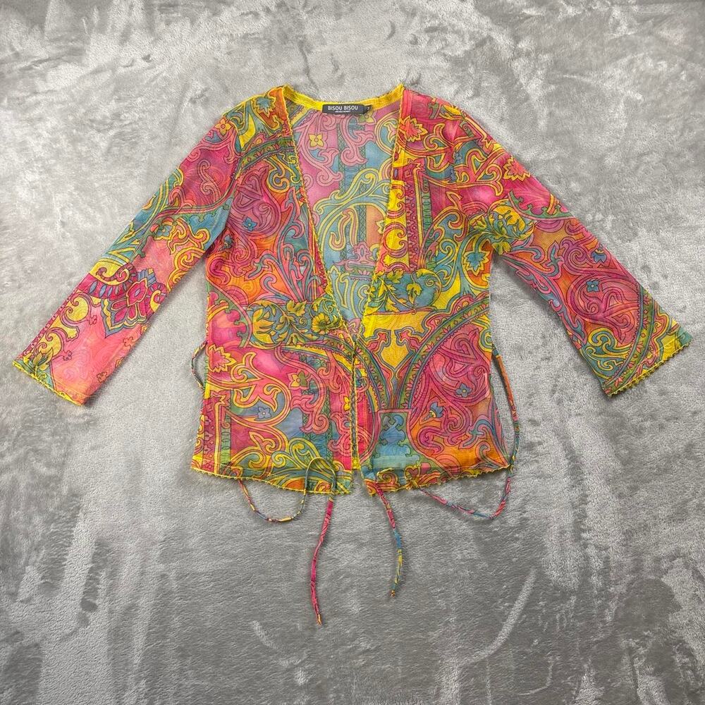Vintage Y2K Bisou Bisou Mesh Tie Front Cardigan Women’s Medium Floral Paisley
